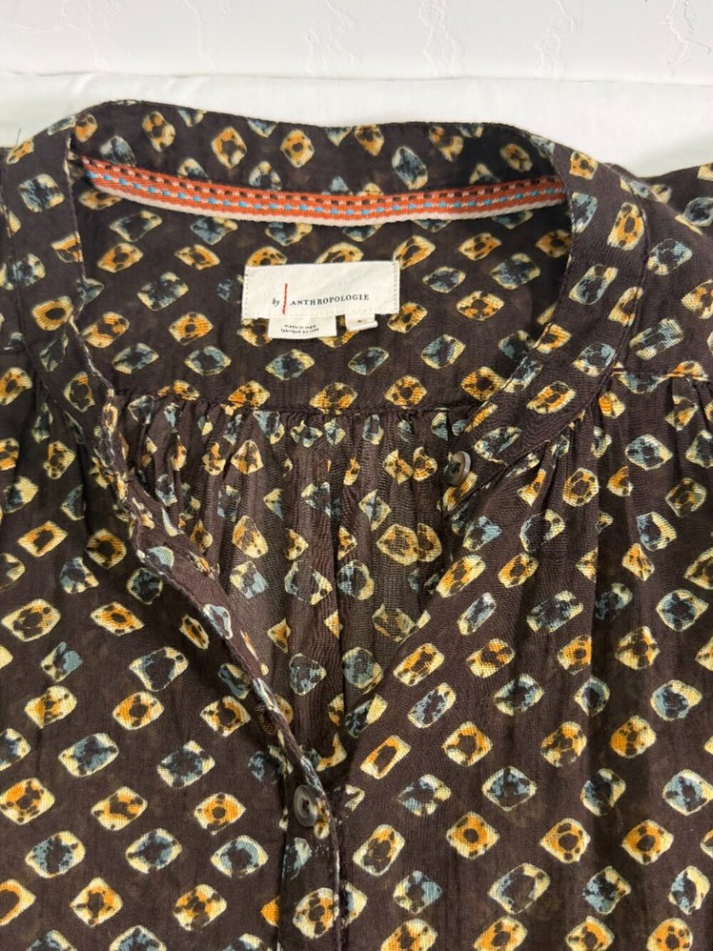 Anthropologie Brown Sheer Blouse Size Large Boho Print Button Front Flowy Top - Picture 2 of 10